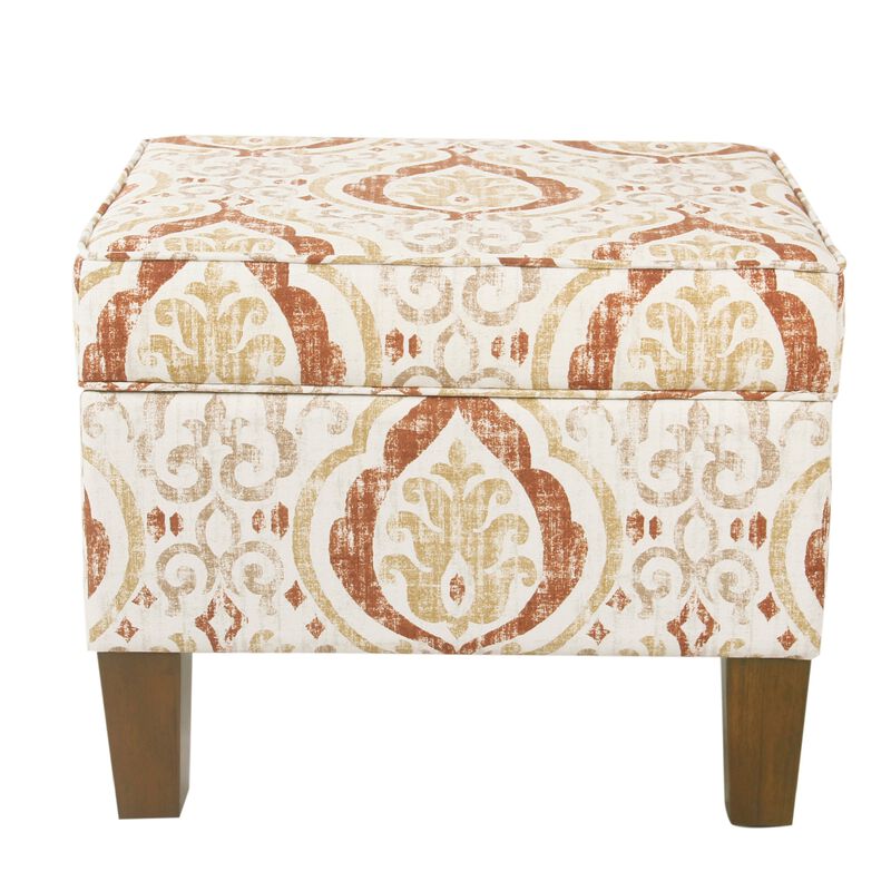 Ishi Accent Storage Ottoman, 22 Inch Orange and Beige Paisley Design - Benzara
