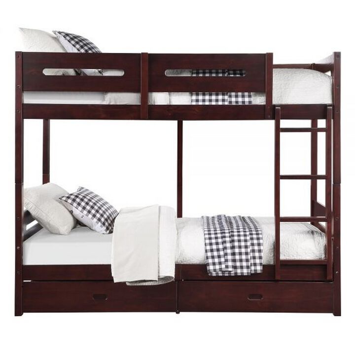 Asin Twin Bunk Bed, Front Facing Ladder, Storage, Solid Pine Wood, Brown - Benzara