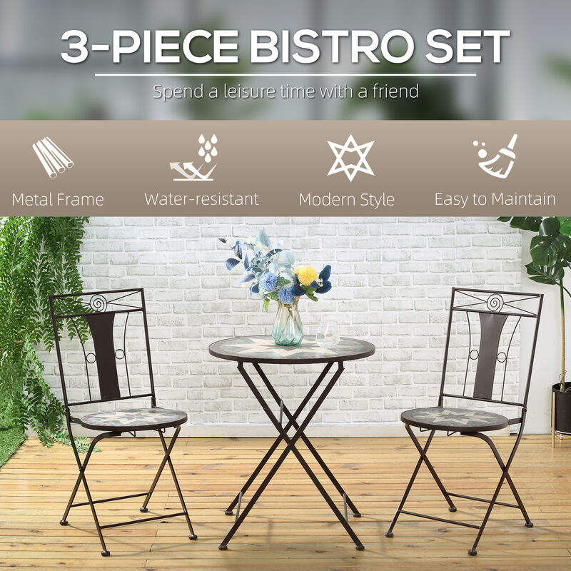 3pc Outdoor Patio Dining Set, 2 Folding Chairs, Table, 8-Pointed Star Mosaic