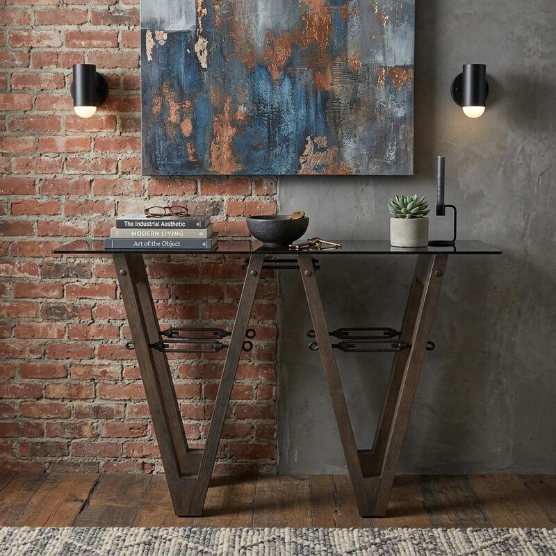 HomeRoots 46" Clear Gray and Brown Glass and Solid Wood Abstract Console Table image number 1