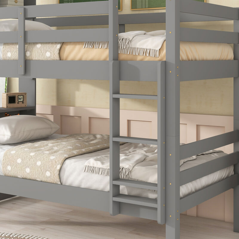 Twin Over Twin Bunk Beds with Bookcase Headboard, Solid Wood Bed Frame with Safety Rail and Ladder, Kids/Teens Bedroom, Guest Room Furniture, Can Be converted into 2 Beds, Grey