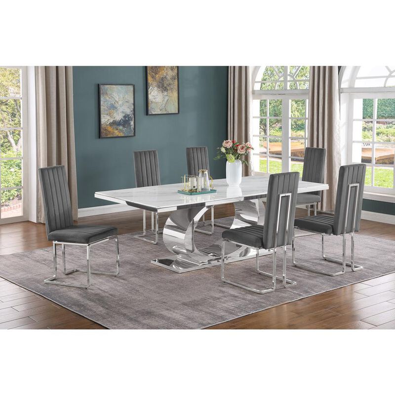 Best Quality Furniture 7pc Large(87) marble top dining set with silver base and 6 Dark grey chairs image number 2