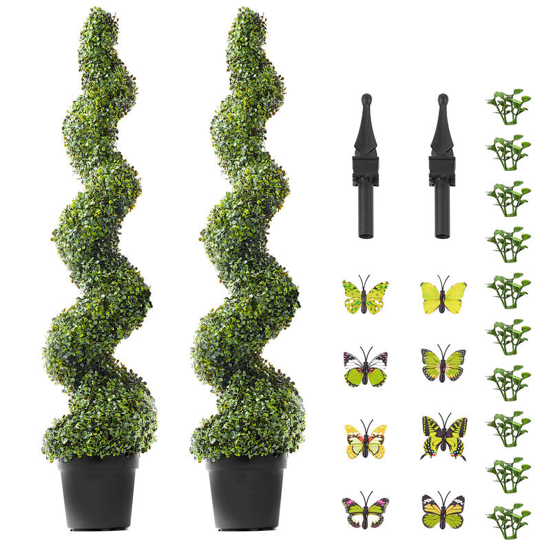 Faux Spiral Topiary Trees Set of 2 with Extra Leaves, Decorative Pots, UV Rated image number 0