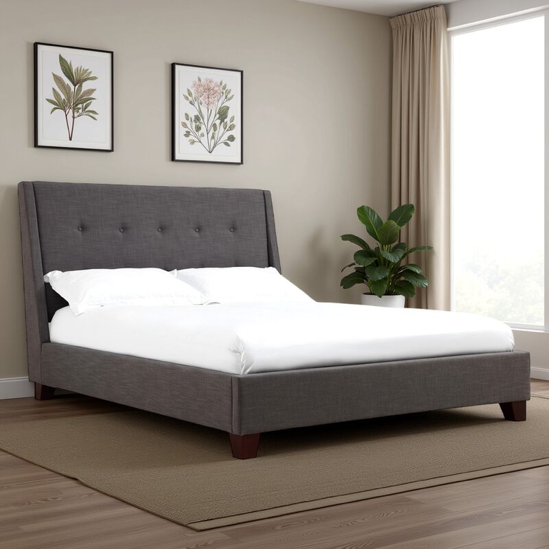 Atina King Bed, Dark Charcoal Gray Linen Upholstered, Slanted Headboard  - Benzara