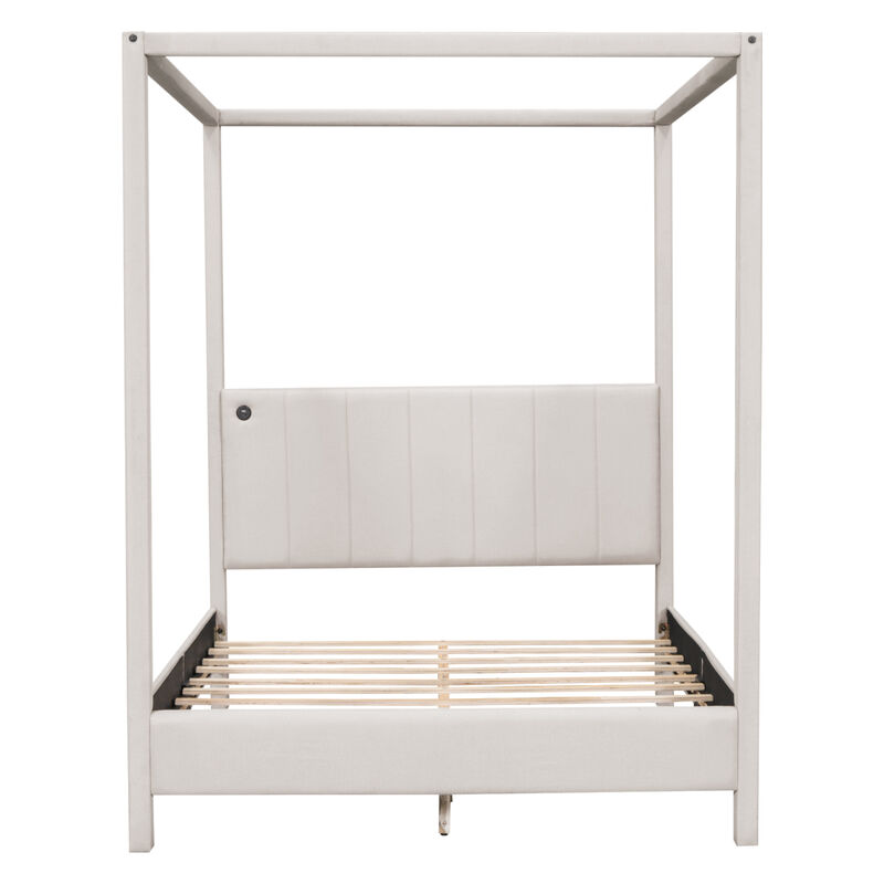 Queen Size Canopy Platform Bed with USB and Type C Ports, Canvas, Beige