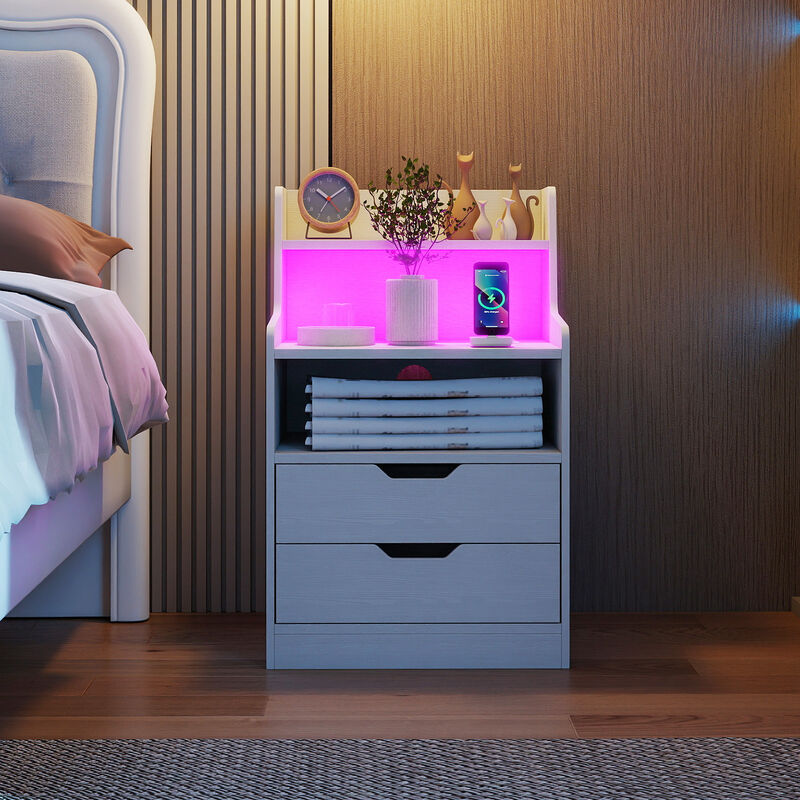 Nightstand End Table with LED Light and Charging Station for Bedroom and Living Room image number 3