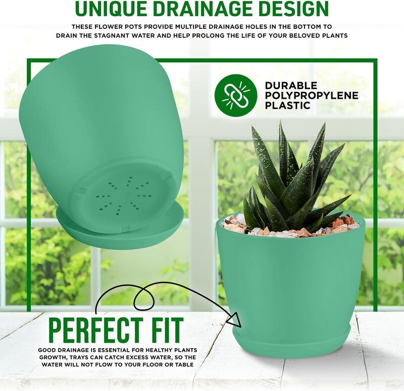 Planter Pots with Drainage Holes - Lightweight, Durable, and Space-Saving Pots for Indoor and Outdoor - Versatile Functionality, Simple Modern Design, Plastic Planter Pots