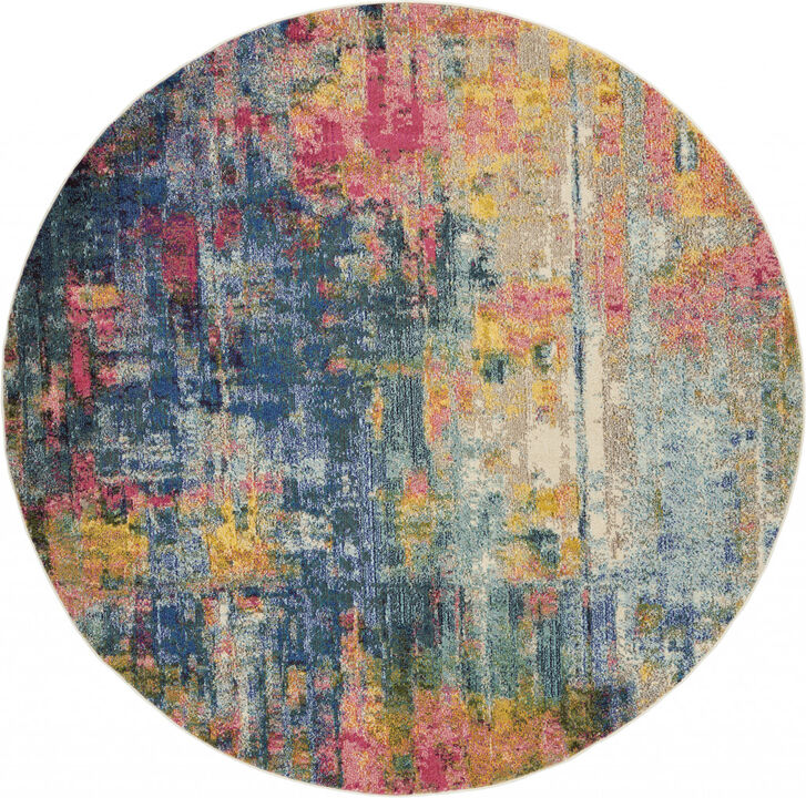 8 X 8 Blue And Yellow Round Abstract Power Loom Non Skid Area Rug