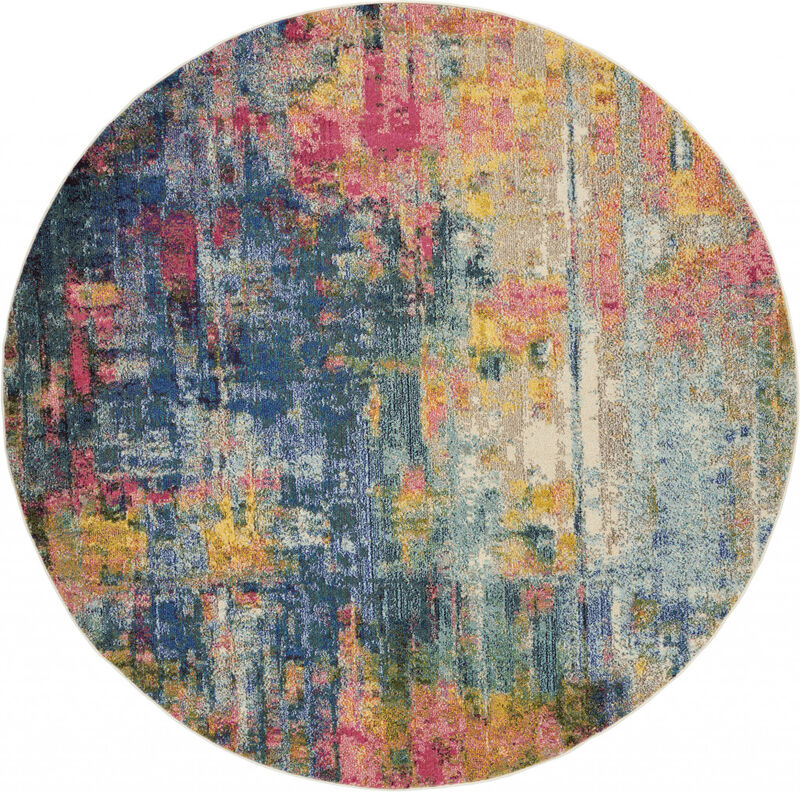 8 X 8 Blue And Yellow Round Abstract Power Loom Non Skid Area Rug