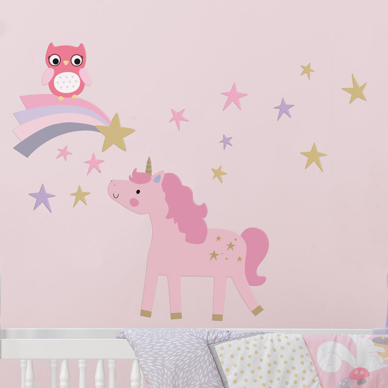 Bedtime Originals Rainbow Unicorn with Owl and Stars Pink/Gold Wall Decals
