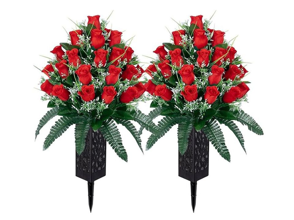 Red Artificial Rose Flower Stems Outdoor Vase Filler 2 Cemetery