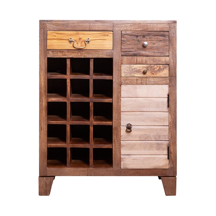 35 Inch 3 Drawer Mango Wood 15 Bottle Wine Accent Cabinet with 1 Door Storage, Brown-Benzara