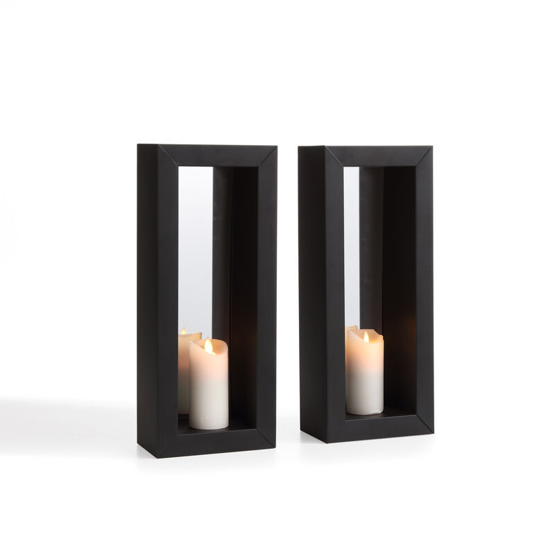 Vertical Mirror Pillar Candle Wall Sconces with Metal Frame (Set of 2)