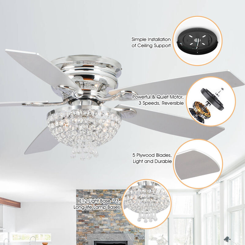 52" Modern Chrome Low Profile Crystal Ceiling Fan with Remote and 3-Speed Motor