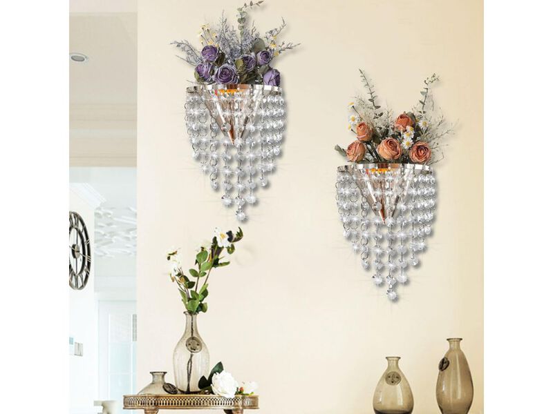 Set of 2 Metal Flower Wall Vases Crystal Hanging Decor for Home Office image number 1