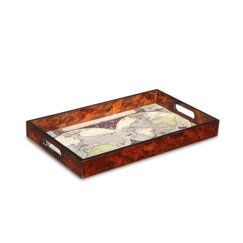 15.75" Brown and Beige Rectangular Handmade Contemporary Style Glass Top Map Tray