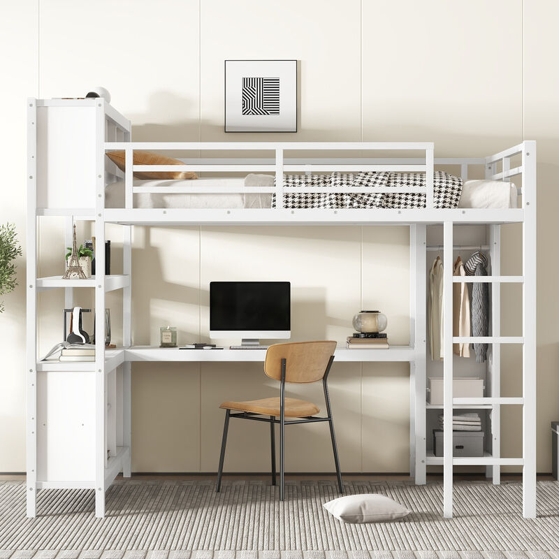 Merax White Queen Metal Loft Bed with Desk, Wardrobe & Storage - Space-Saving Teen Room Furniture image number 3