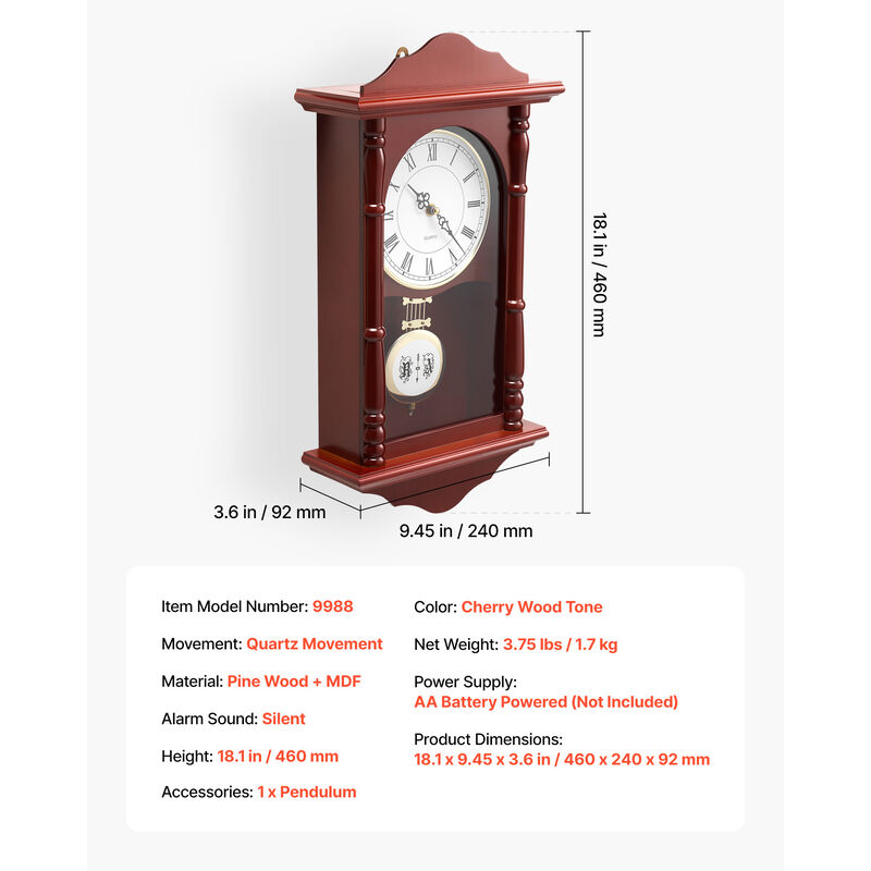 Grandfather Clock Vintage Pendulum Wall Clock 18 in with Quartz Movement image number 6