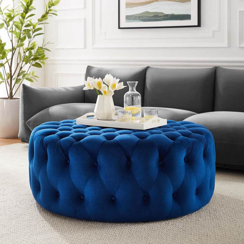 Modway Amour Modern Button Tufted Round Velvet Ottoman in Navy image number 1