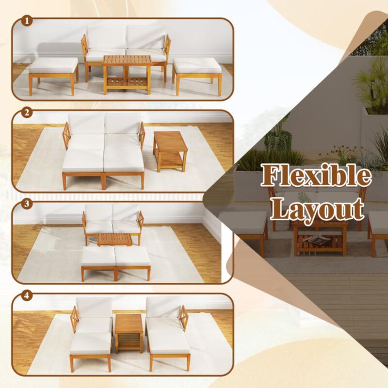 Hivvago 5 Pieces Acacia Wood Patio Chaise Lounge Chair Set with Ottoman and Cushions