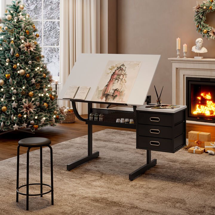GOODSILO Adjustable Drafting Table With Storage Drawers And Stool For Artists And Crafters