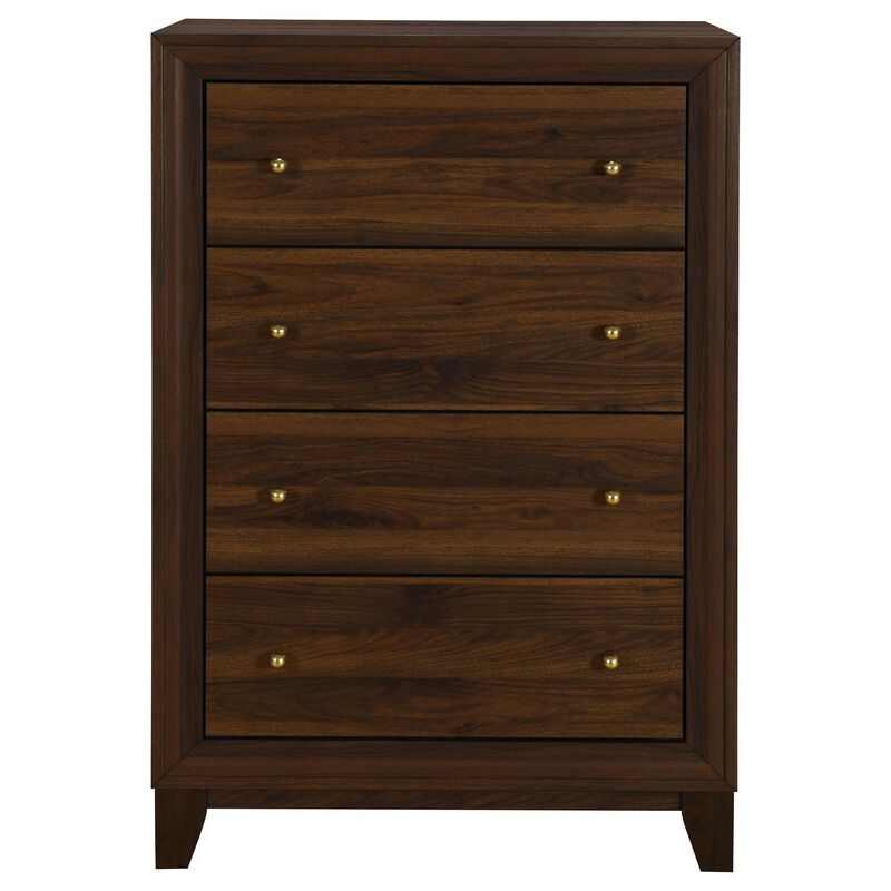 Yels Tall Dresser Chest with 4 Drawers, Gold Metal Knobs, Walnut Brown - Benzara