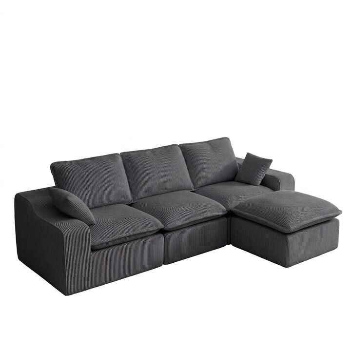 Vipbear 107" L-Shaped Modular Sectional Sofa, Corduroy Cloud Couch with Movable Ottoman, 4-Seat