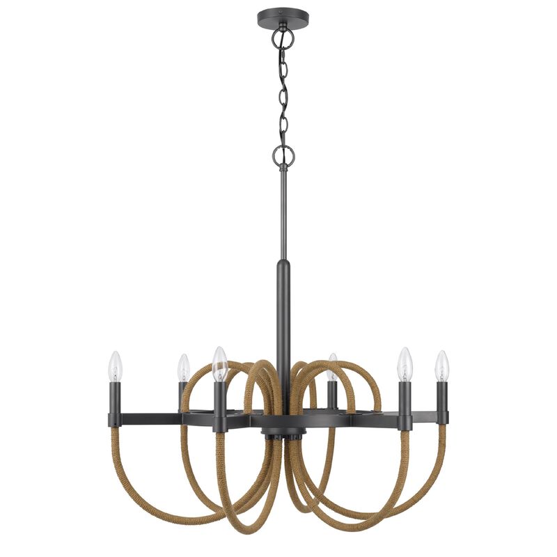 6-Light Candelabra Chandelier with Burlap Rope, Black Metal, 31 Inch image number 4