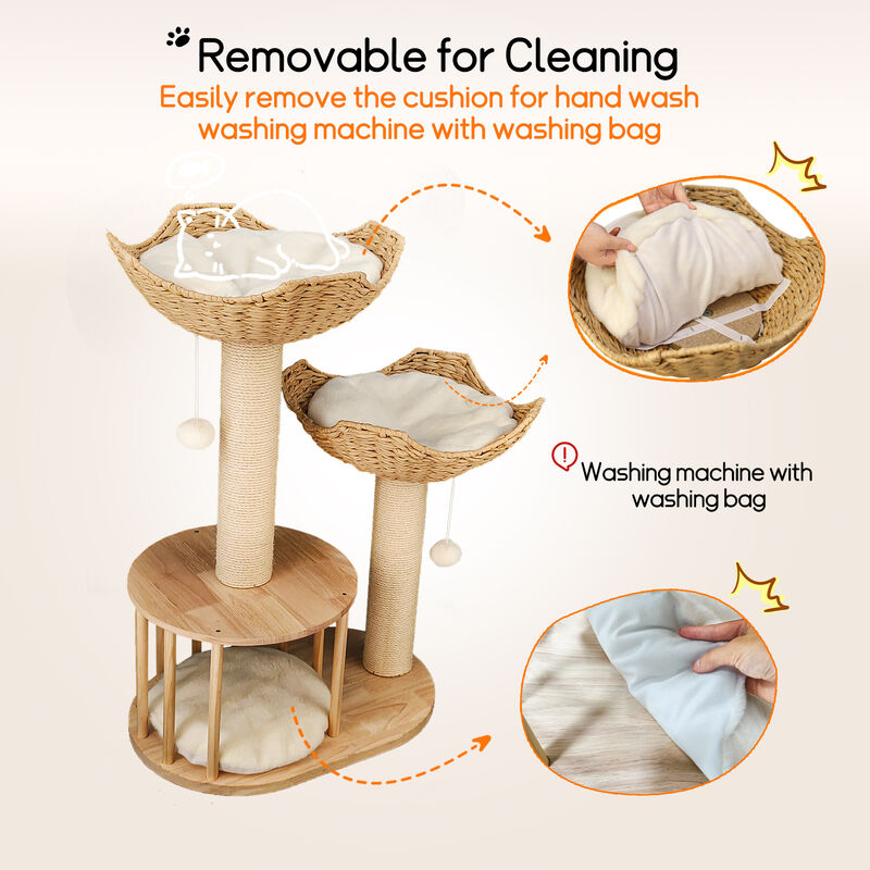 Wood Cat Tree Cat Tower for Indoor Cats w/Scratching Post Perches Hammock Condo image number 6