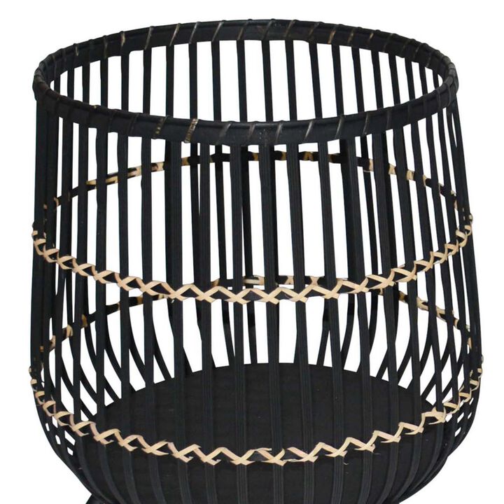 Drum Shaped Open Cage Bamboo Planter with Angled Legs, Set of 3, Black-Benzara
