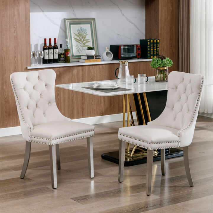Modern, High-end Tufted Solid Wood Contemporary Velvet Upholstered Dining Chair with Chrome Stainless Steel Plating Legs, Nailhead Trim, Set of 2, Beige and Chrome