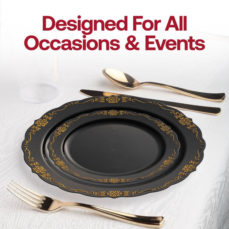 Black with Gold Vintage Rim Round Plastic Wedding Value Set (30 Sets) image number 6