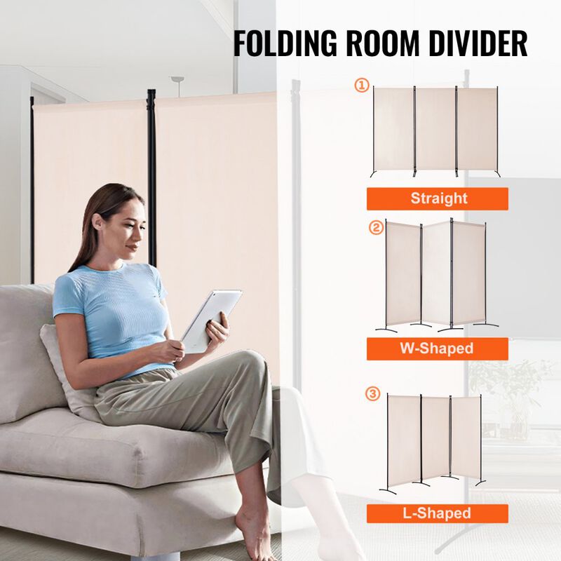 Foldable 3 Panel Room Divider Screen Portable Privacy Partition for Room Separation Office Bedroom-Beige image number 5