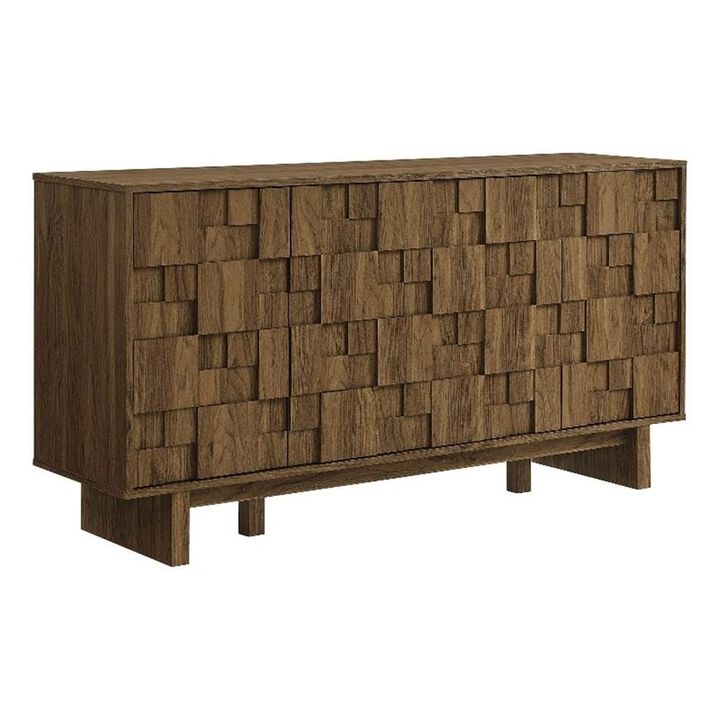 Modway Owen 4-Door Modern Carved Geometric Sideboard in Walnut - 59 Inch Buffet Cabinet with Adjustable Shelves &ndash; Living Room or Dining Room Storage Credenza