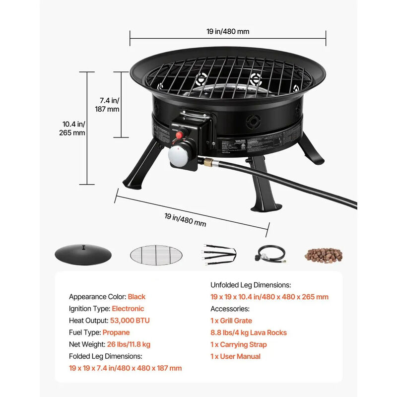 Portable Gas Fire Pit 53,000 BTU with Adjustable Flame, Lava Rocks & Grill Grate-Black image number 2