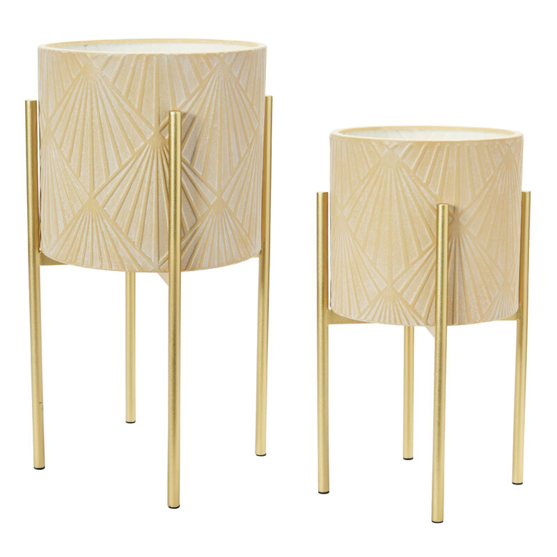 Modern Boho Embossed Metal Planters with Stands, Cream and Gold, Set of 2 image number 0