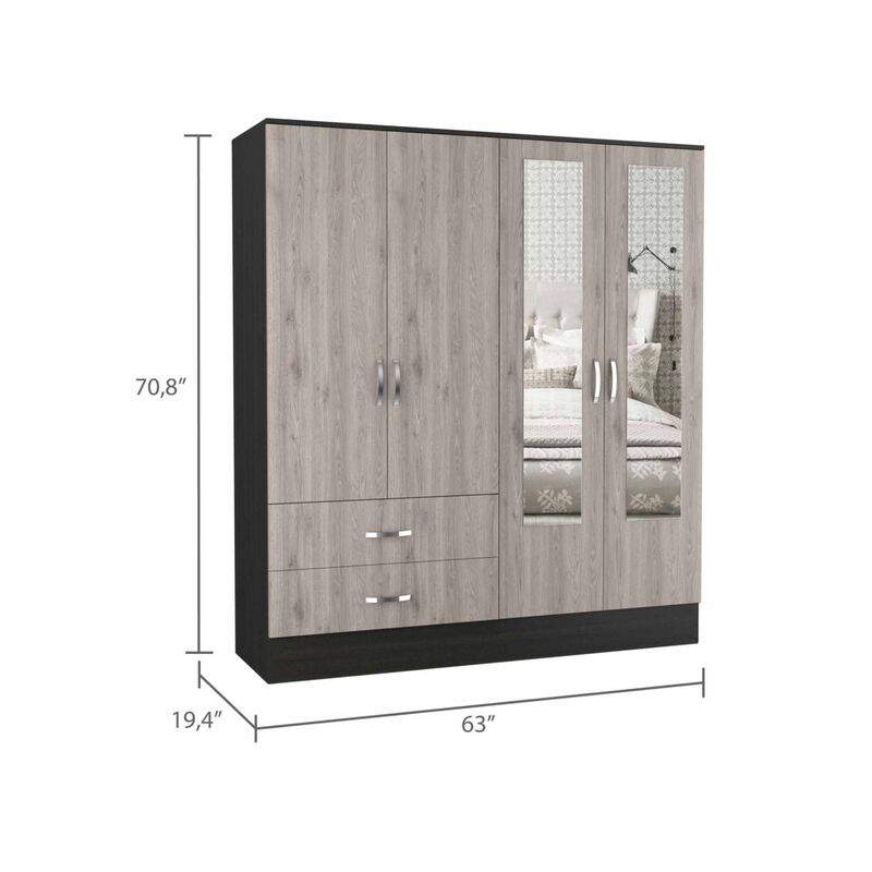 Black Rock 2-Drawer Large Armoire with Mirror Doors Black Wengue and Light Gray