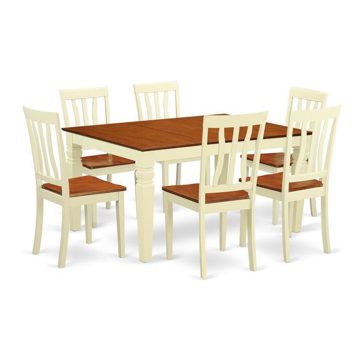 7 Pc Dining set with a Kitchen Table and 6 Wood Kitchen Chairs in Buttermilk and Cherry