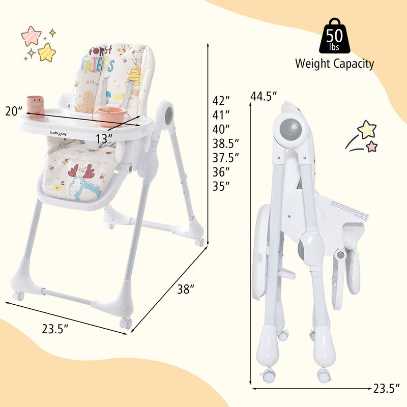 3-In-1 Convertible Highchair with Adjustable Height and 5-Point Safety Belt and Lockable Wheels