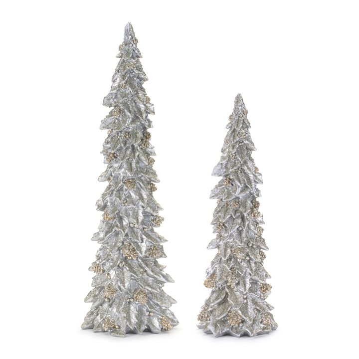 Set of 2 Glittered Holly Leaf Pine Trees for Festive Tabletop or Mantel Display