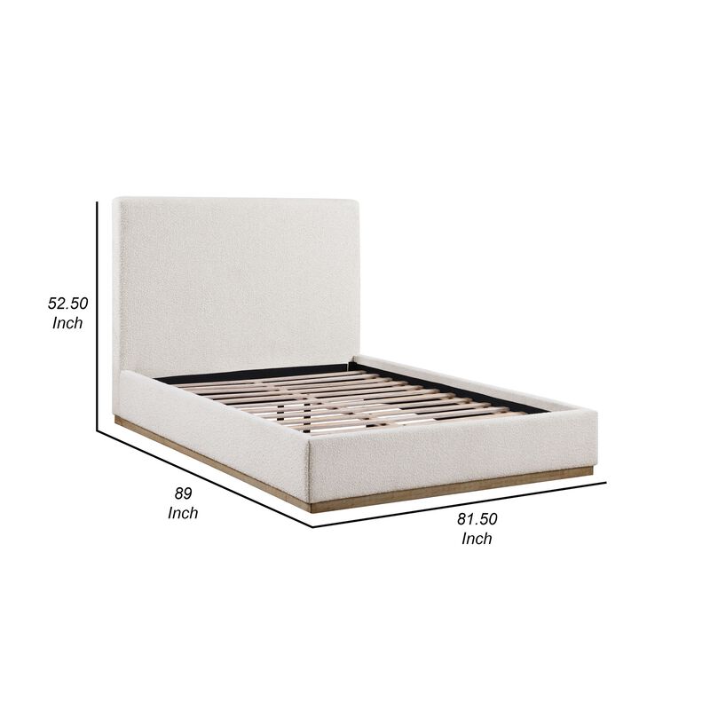 Ole King Size Bed, Upholstered Panel Headboard, Gold Plinth Base, Ivory - Benzara