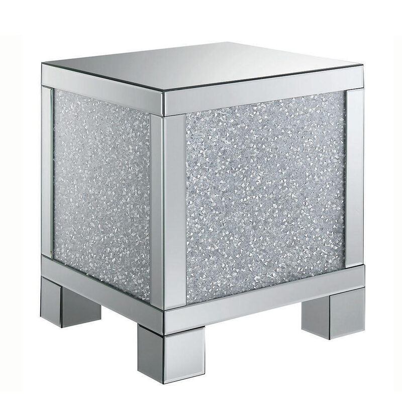 Wooden End Table with Infused Crystals on Mirrored Panel, Silver and Clear