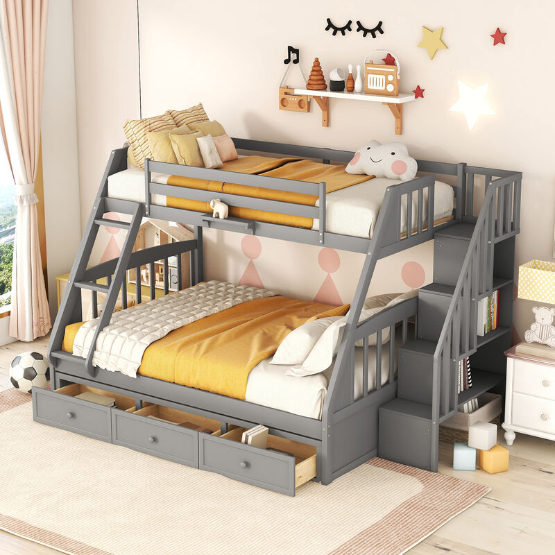 Whisen Twin-Over-Full Bunk Bed with Drawers, Ladder and Storage Staircase- Gray