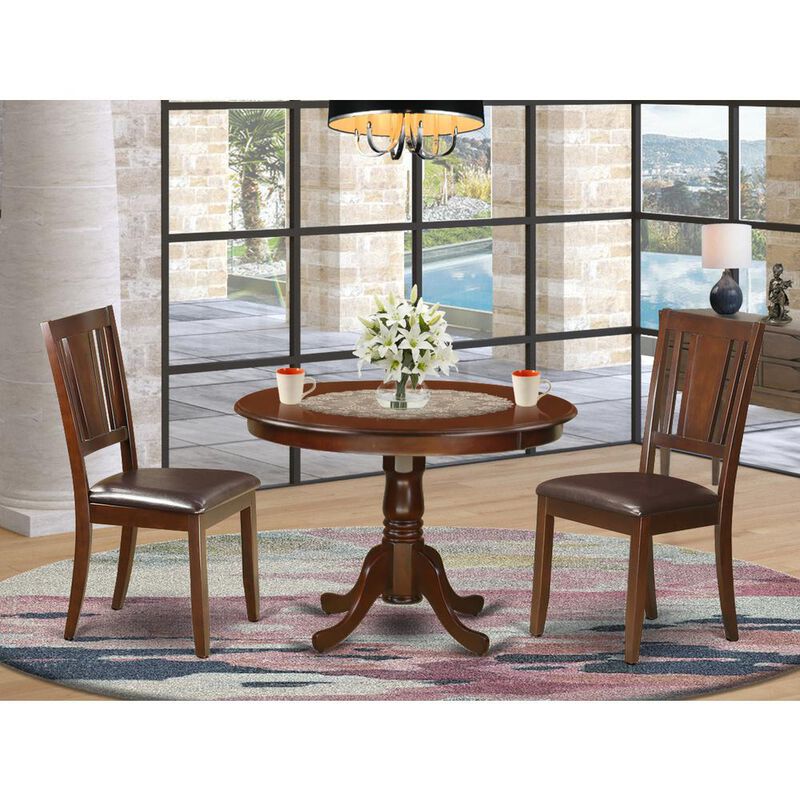 3 Pc set with a Round Kitchen Table and 2 Leather Dinette Chairs in Mahogany