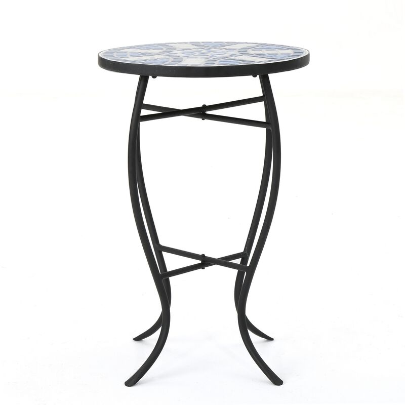 Outdoor Side End Table, 14 Inch Round Blue, White Mosaic Ceramic Top - Benzara image number 1