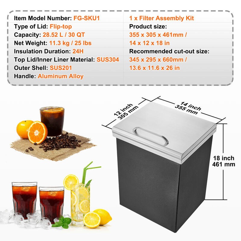 VEVOR 14"x12"x18" Drop in Ice Chest Ice Cooler Ice Bin Stainless Steel w/Cover image number 6