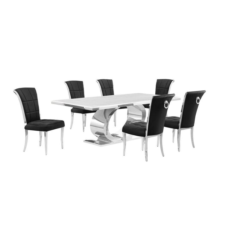 Best Quality Furniture 7pc Large (87) marble top dining set with silver base and 6 Black side chairs