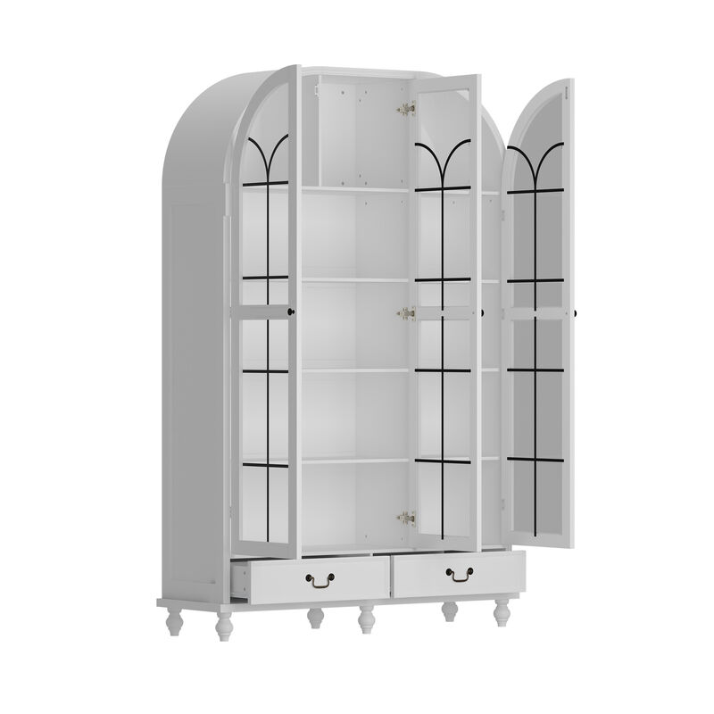 FUFU&GAGA Modern White Cabinet with Glass Doors, 2 Drawers & 8 Shelves, Elegant Storage for Dining Room, Living Room, or Kitchen (77.2"H x 50.4"W x 15.7"D),White