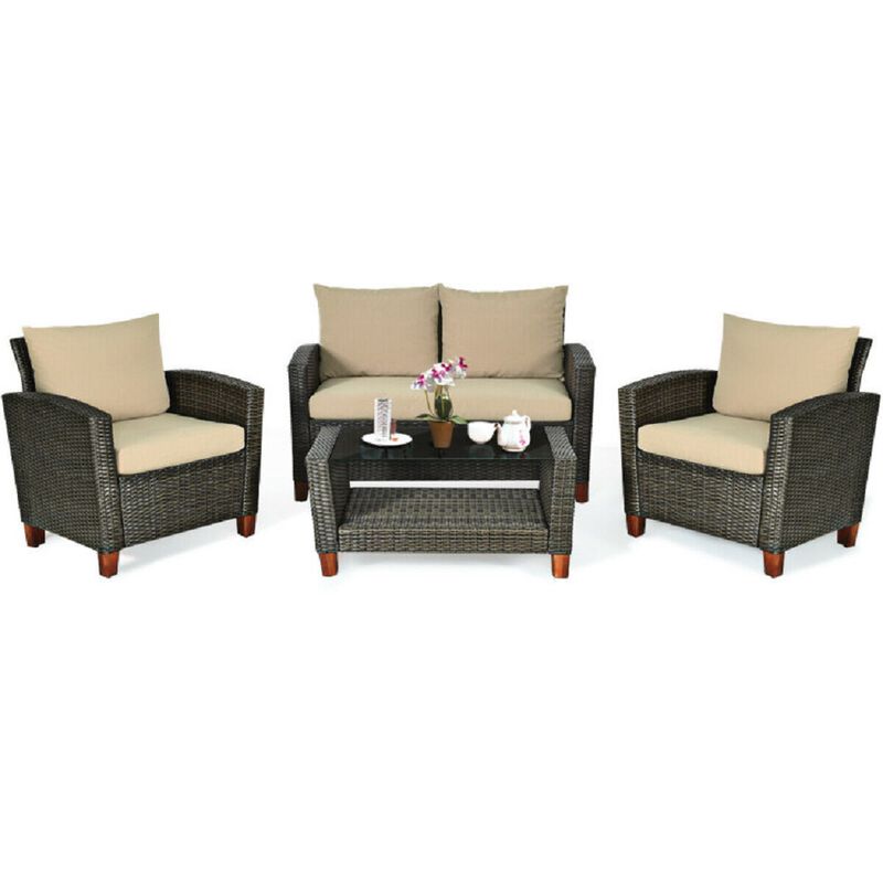 4-Piece PE Wicker Patio Furniture Set with Padded Cushions &ndash; Outdoor Seating