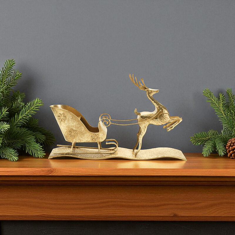 Hammered Metal Deer with Sleigh – Elegant Christmas Tabletop or Mantel Décor for Holiday and Winter Displays
